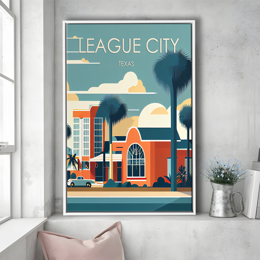 League City Texas Retro Art Print, League City City Wall Art, Floating Framed Canvas Print, Framed Picture, Painting Canvas
