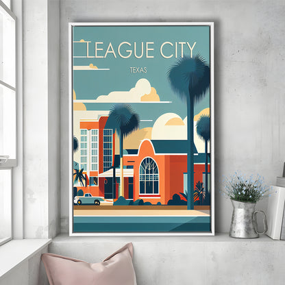 League City Texas Retro Art Print, League City City Wall Art, Floating Framed Canvas Print, Framed Picture, Painting Canvas