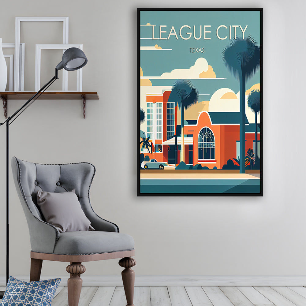League City Texas Retro Art Print, League City City Wall Art, Floating Framed Canvas Print, Framed Picture, Painting Canvas