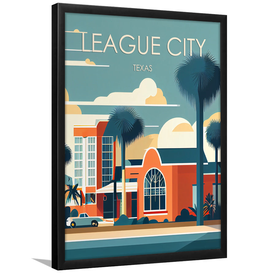 League City Texas Retro Art Print, League City City Wall Art, Framed Art Print, Picture Framed, Painting Art