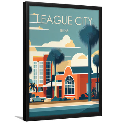 League City Texas Retro Art Print, League City City Wall Art, Framed Art Print, Picture Framed, Painting Art