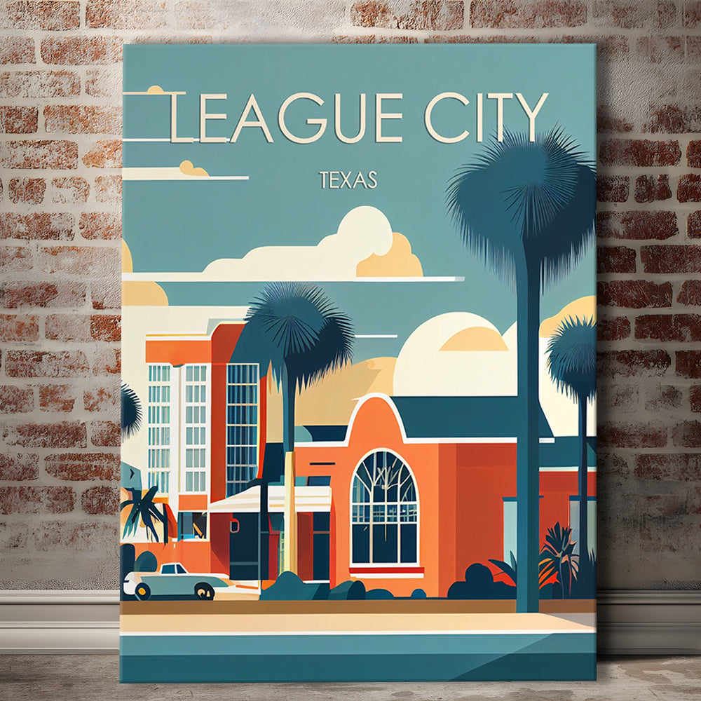 League City Texas Retro Art Print, League City City Wall Art, Canvas Print, Painting Canvas, Living Room Decor