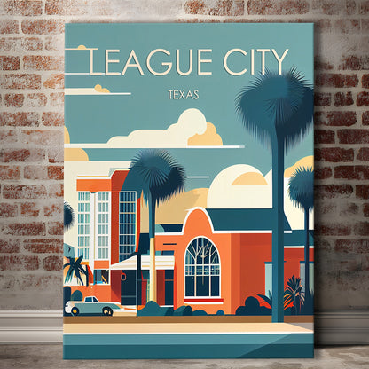 League City Texas Retro Art Print, League City City Wall Art, Canvas Print, Painting Canvas, Living Room Decor