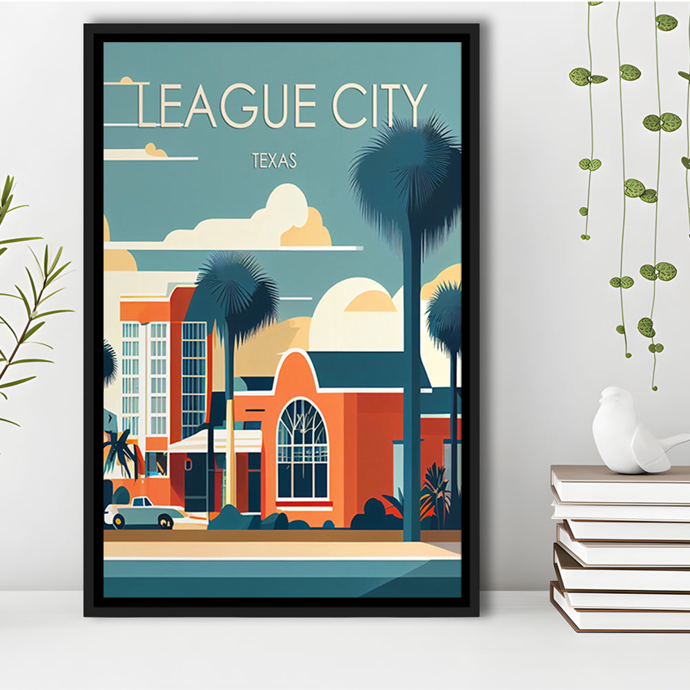 League City Texas Retro Art Print, League City City Wall Art, Floating Framed Canvas Print, Framed Picture, Painting Canvas