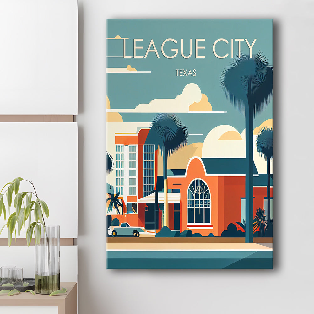 League City Texas Retro Art Print, League City City Wall Art, Canvas Print, Painting Canvas, Living Room Decor