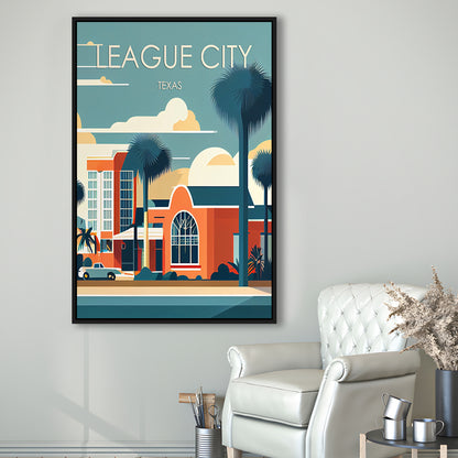 League City Texas Retro Art Print, League City City Wall Art, Floating Framed Canvas Print, Framed Picture, Painting Canvas