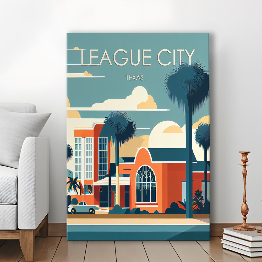 League City Texas Retro Art Print, League City City Wall Art, Canvas Print, Painting Canvas, Living Room Decor