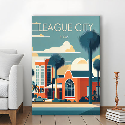 League City Texas Retro Art Print, League City City Wall Art, Canvas Print, Painting Canvas, Living Room Decor