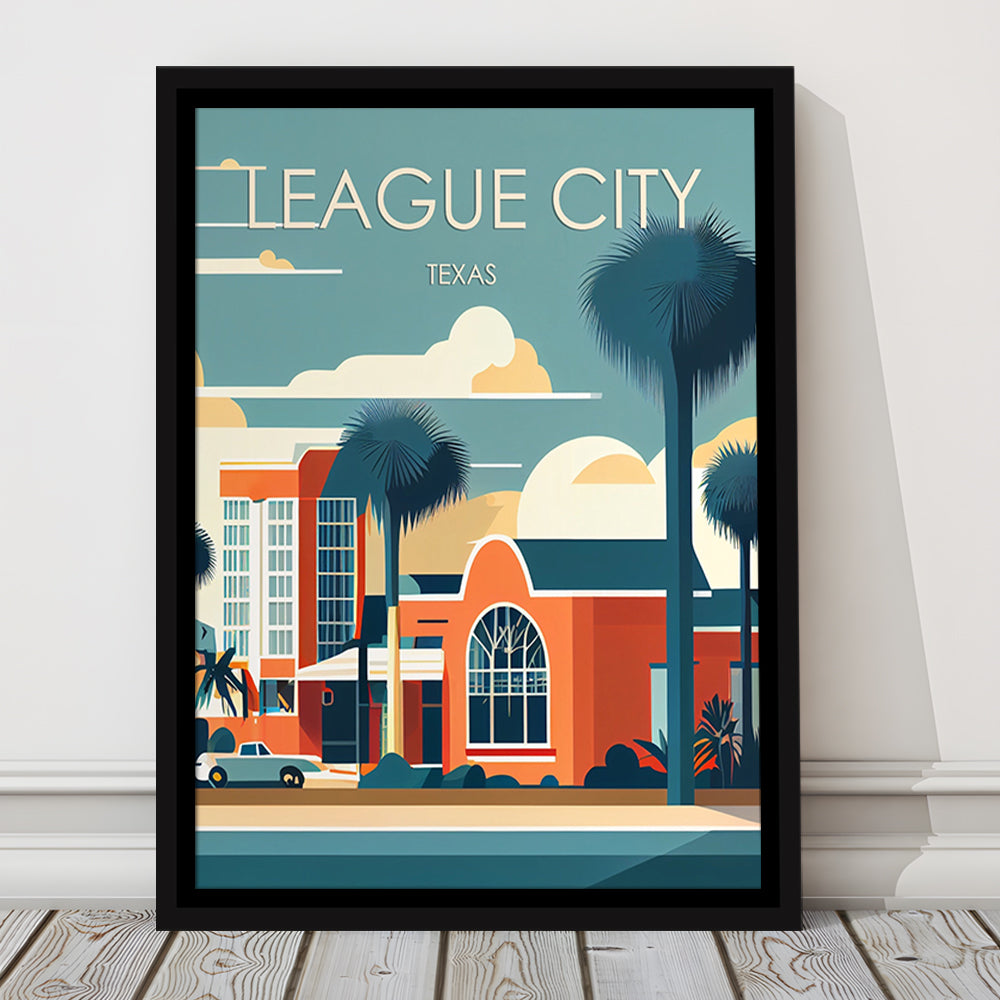 League City Texas Retro Art Print, League City City Wall Art, Floating Framed Canvas Print, Framed Picture, Painting Canvas