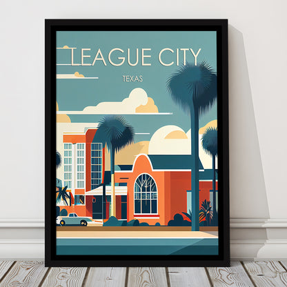 League City Texas Retro Art Print, League City City Wall Art, Floating Framed Canvas Print, Framed Picture, Painting Canvas