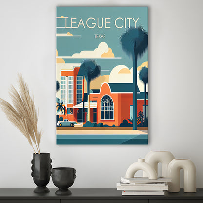 League City Texas Retro Art Print, League City City Wall Art, Canvas Print, Painting Canvas, Living Room Decor