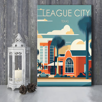 League City Texas Retro Art Print, League City City Wall Art, Canvas Print, Painting Canvas, Living Room Decor