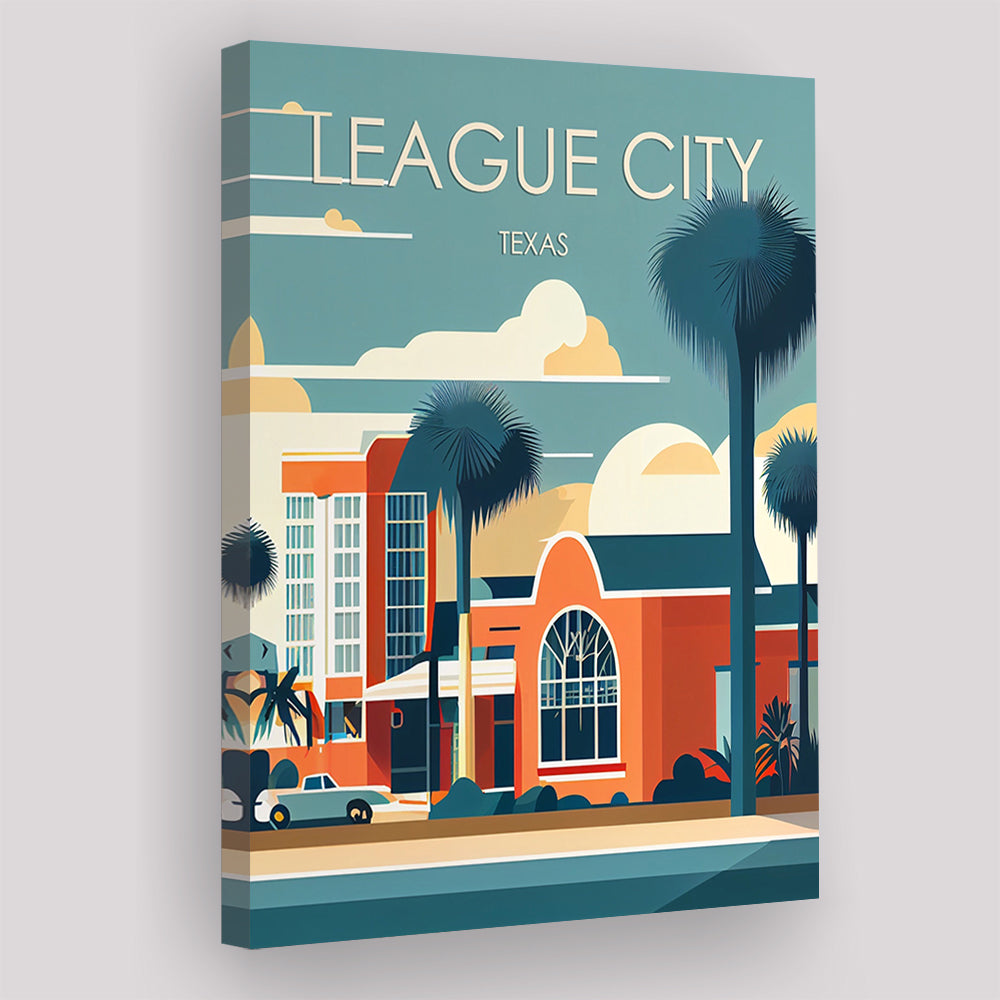 League City Texas Retro Art Print, League City City Wall Art, Canvas Print, Painting Canvas, Living Room Decor