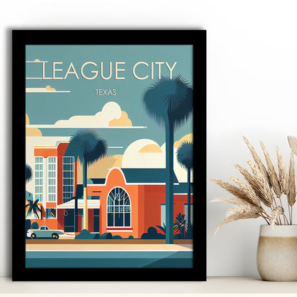 League City Texas Retro Art Print, League City City Wall Art, Framed Art Print, Picture Framed, Painting Art