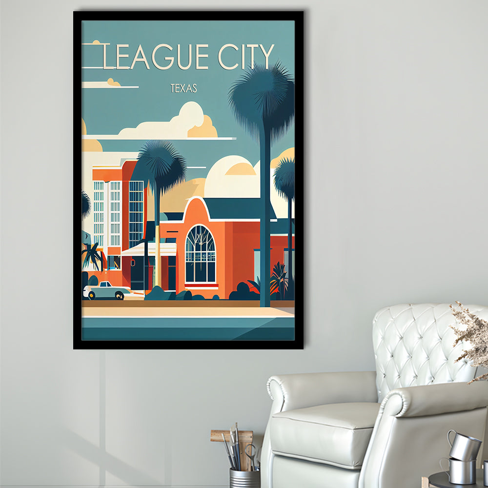 League City Texas Retro Art Print, League City City Wall Art, Framed Art Print, Picture Framed, Painting Art