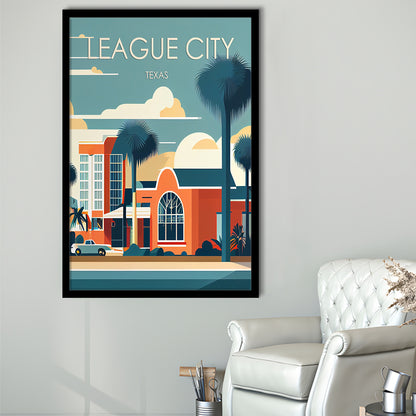 League City Texas Retro Art Print, League City City Wall Art, Framed Art Print, Picture Framed, Painting Art