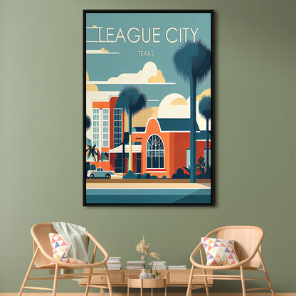 League City Texas Retro Art Print, League City City Wall Art, Floating Framed Canvas Print, Framed Picture, Painting Canvas