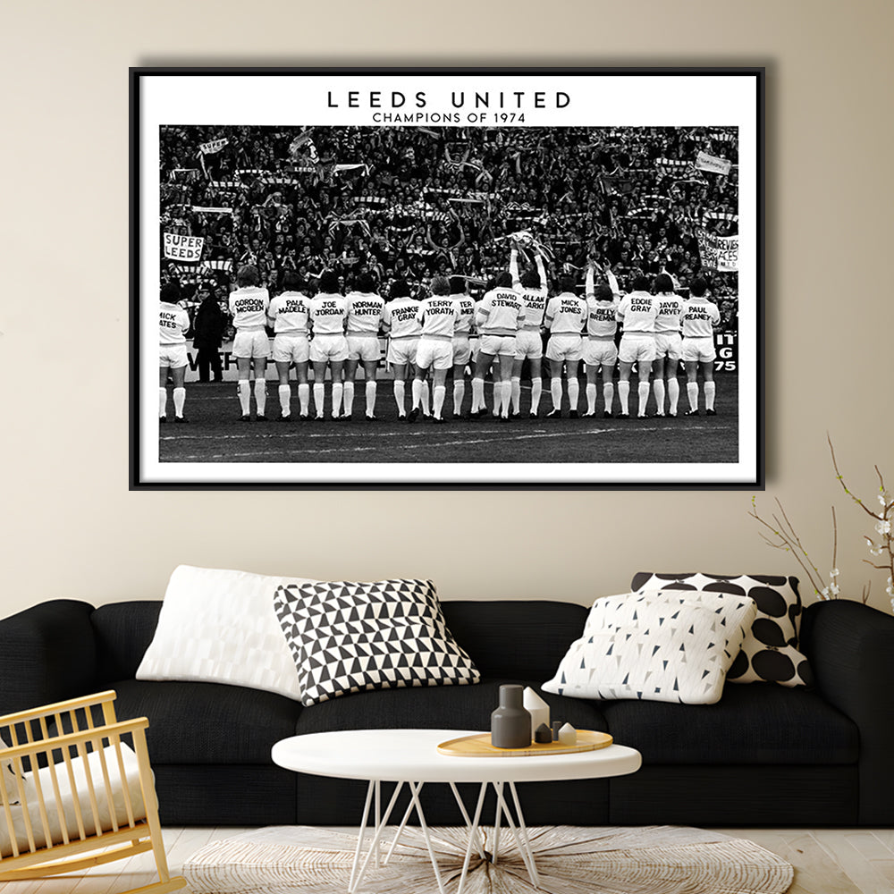Leeds Champions Of 1974 Stadium Black And White, Football Fans, Elland Road, Framed Canvas Print Wall Art