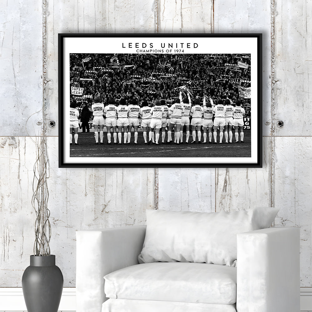 Leeds Champions Of 1974 Stadium Black And White, Football Fans, Elland Road, Framed Canvas Print Wall Art