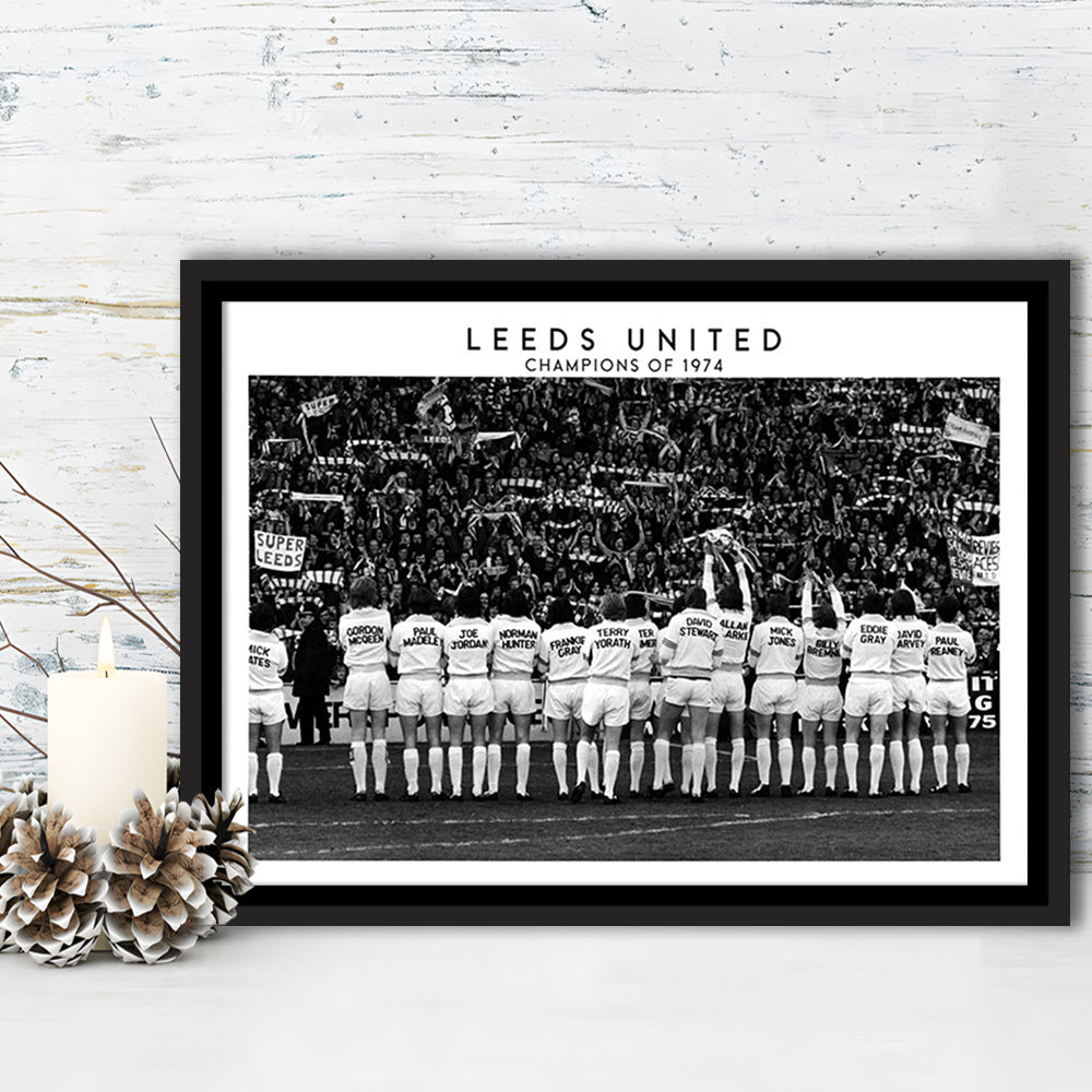 Leeds Champions Of 1974 Stadium Black And White, Football Fans, Elland Road, Framed Canvas Print Wall Art