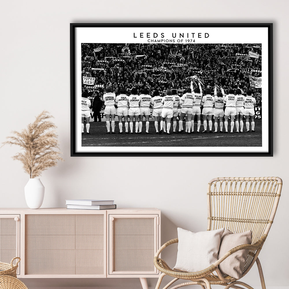 Leeds Champions Of 1974 Stadium Black And White, Football Fans, Elland Road, Framed Canvas Print Wall Art