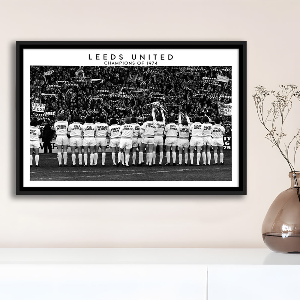 Leeds Champions Of 1974 Stadium Black And White, Football Fans, Elland Road, Framed Canvas Print Wall Art