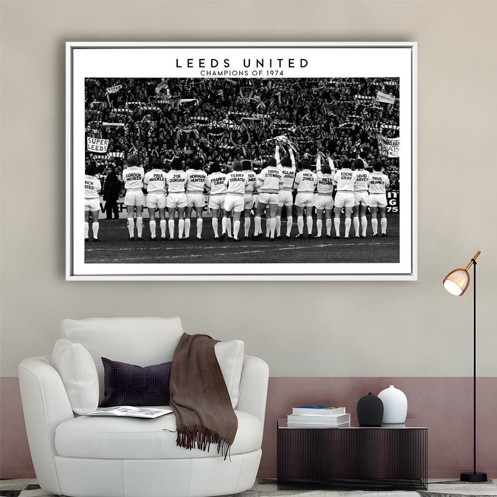 Leeds Champions Of 1974 Stadium Black And White, Football Fans, Elland Road, Framed Canvas Print Wall Art