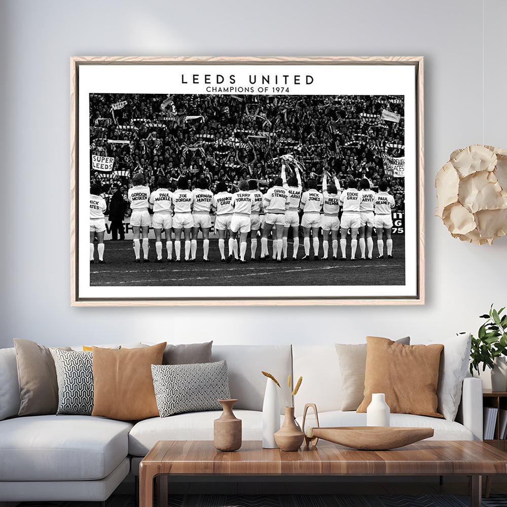 Leeds Champions Of 1974 Stadium Black And White, Football Fans, Elland Road, Framed Canvas Print Wall Art