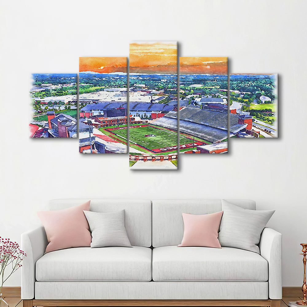 Liberty Flames, Williams Painting Stadium Watercolor, Sport Art, Mixed 5 Panel, Canvas Print Wall Art