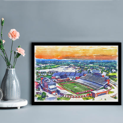 Liberty Flames, Williams Painting Stadium Watercolor, Sport Gift Art, Framed Art Print Wall Decor