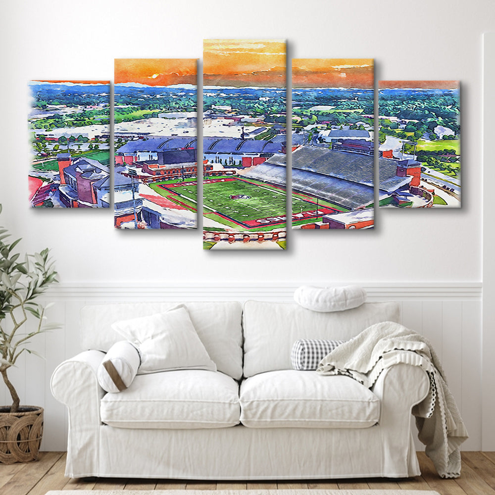 Liberty Flames, Williams Painting Stadium Watercolor, Sport Art, Mixed 5 Panel, Canvas Print Wall Art