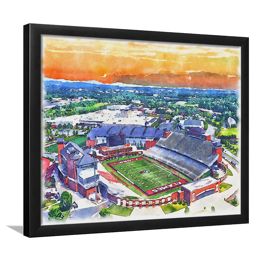 Liberty Flames, Williams Painting Stadium Watercolor, Sport Gift Art, Framed Art Print Wall Decor