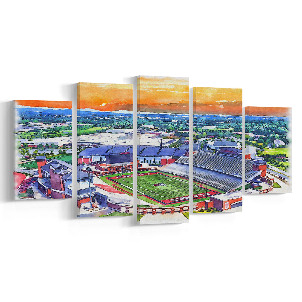 Liberty Flames, Williams Painting Stadium Watercolor, Sport Art, Mixed 5 Panel, Canvas Print Wall Art