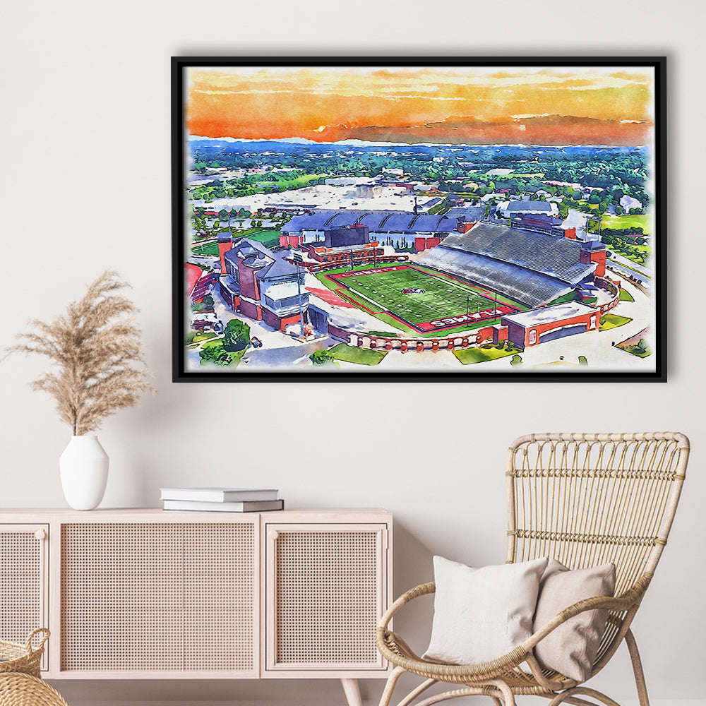 Liberty Flames, Williams Painting Stadium Watercolor, Sport Gift Art, Framed Canvas Print Wall Art