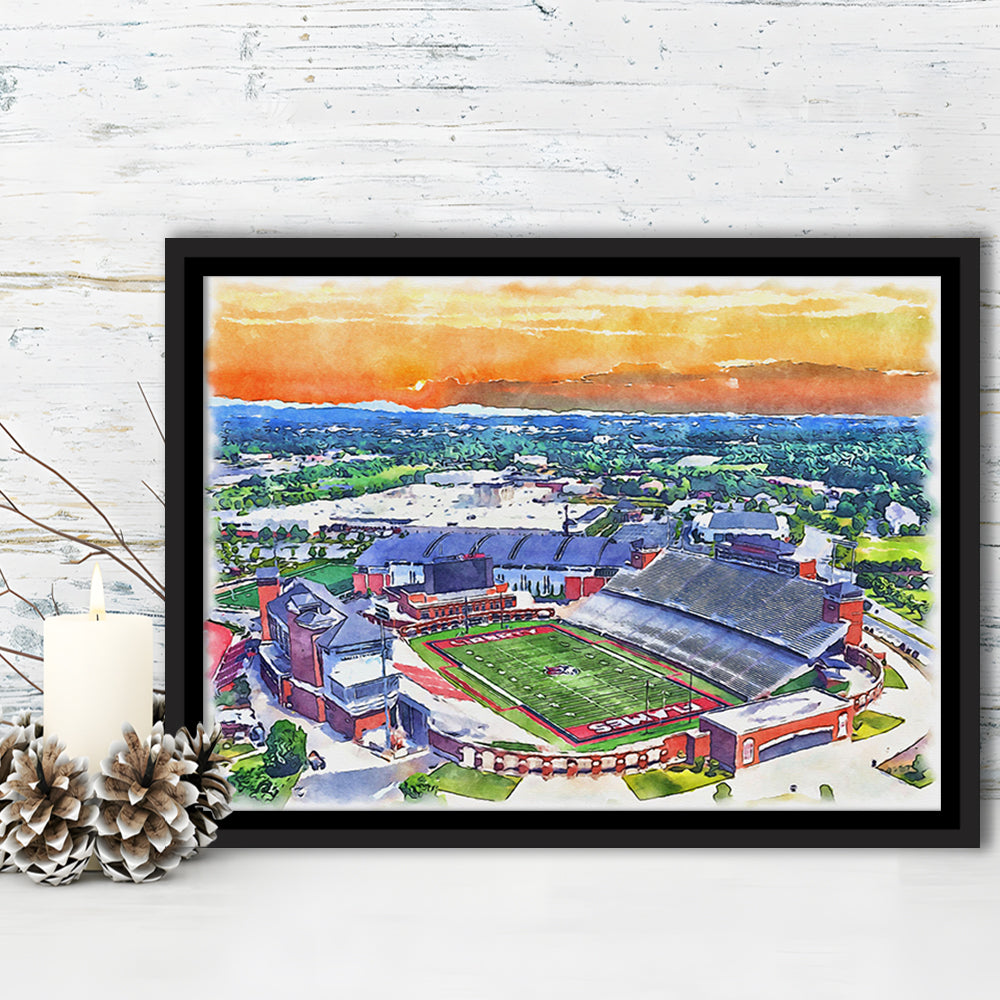 Liberty Flames, Williams Painting Stadium Watercolor, Sport Gift Art, Framed Canvas Print Wall Art