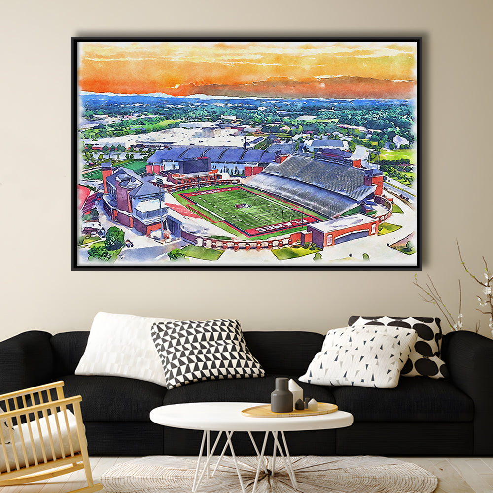 Liberty Flames, Williams Painting Stadium Watercolor, Sport Gift Art, Framed Canvas Print Wall Art