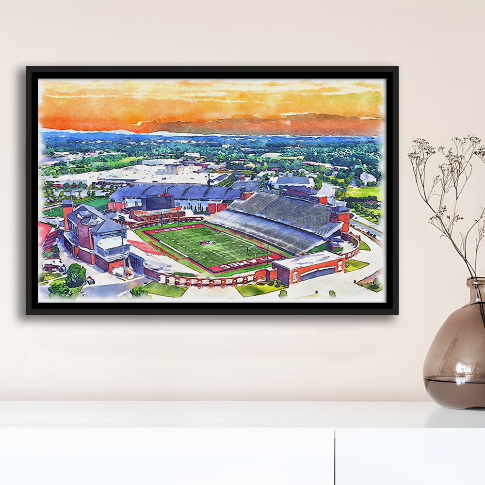 Liberty Flames, Williams Painting Stadium Watercolor, Sport Gift Art, Framed Canvas Print Wall Art