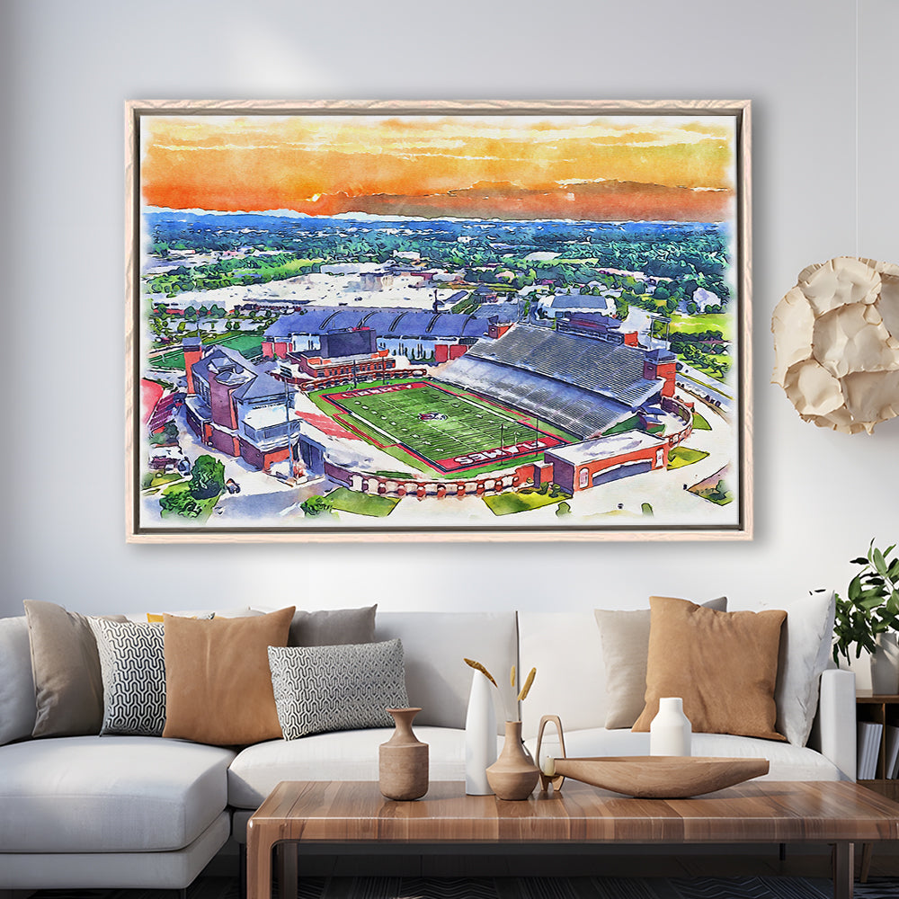 Liberty Flames, Williams Painting Stadium Watercolor, Sport Gift Art, Framed Canvas Print Wall Art