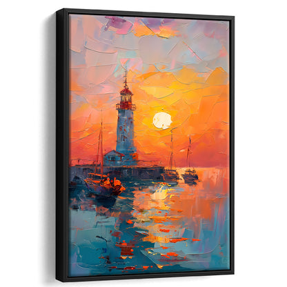 Lighthouse In The Sunset Painting, Floating Framed Canvas Art Print,, Framed Canvas Prints Wall Art