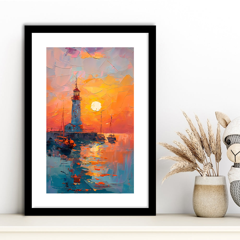 Lighthouse In The Sunset Painting, Framed Picture Print, Framed Art Prints White Border Wall Decor