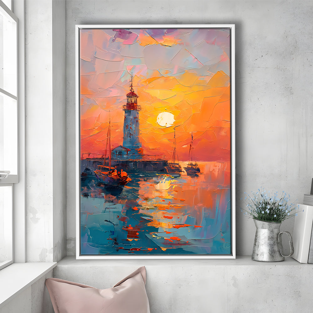 Lighthouse In The Sunset Painting, Floating Framed Canvas Art Print,, Framed Canvas Prints Wall Art