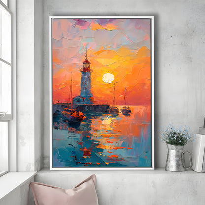 Lighthouse In The Sunset Painting, Floating Framed Canvas Art Print,, Framed Canvas Prints Wall Art