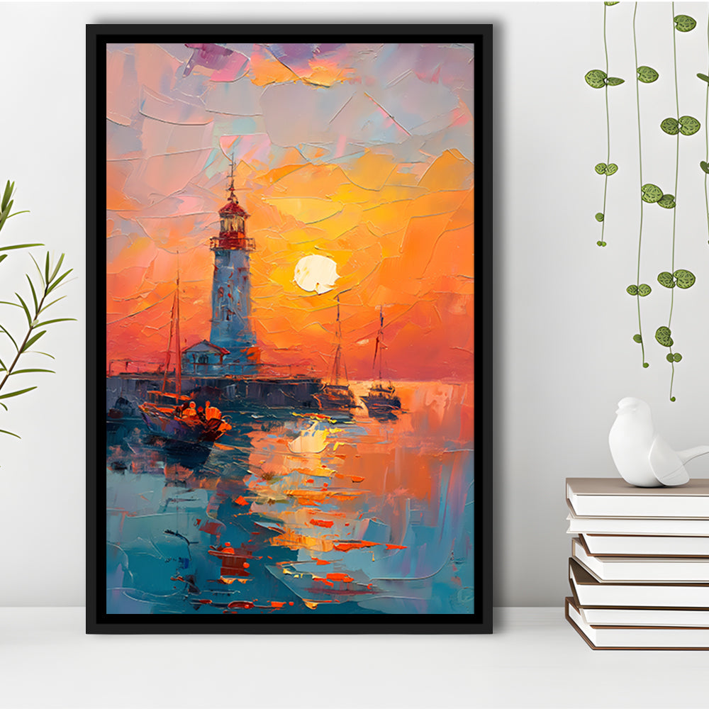 Lighthouse In The Sunset Painting, Floating Framed Canvas Art Print,, Framed Canvas Prints Wall Art