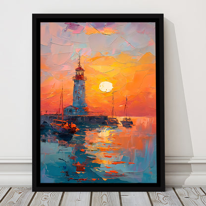 Lighthouse In The Sunset Painting, Floating Framed Canvas Art Print,, Framed Canvas Prints Wall Art
