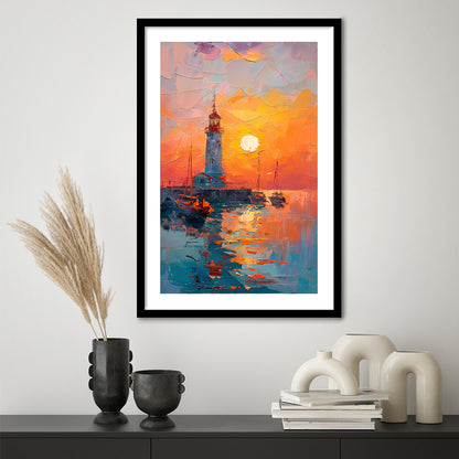 Lighthouse In The Sunset Painting, Framed Picture Print, Framed Art Prints White Border Wall Decor