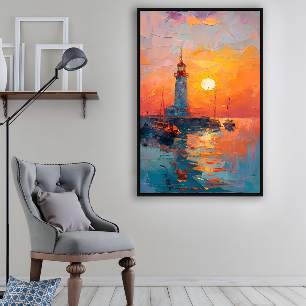 Lighthouse In The Sunset Painting, Floating Framed Canvas Art Print,, Framed Canvas Prints Wall Art