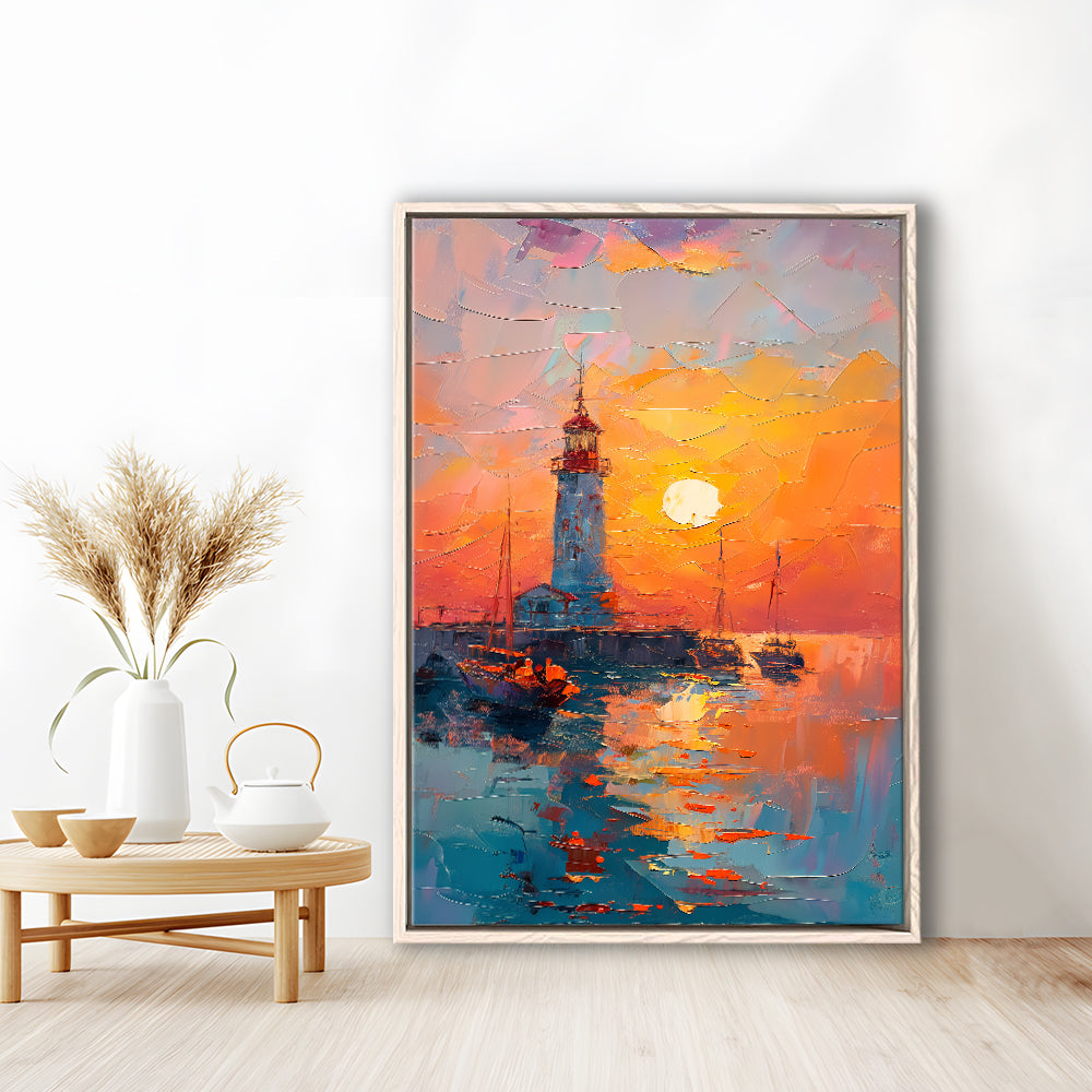 Lighthouse In The Sunset Painting, Floating Framed Canvas Art Print,, Framed Canvas Prints Wall Art