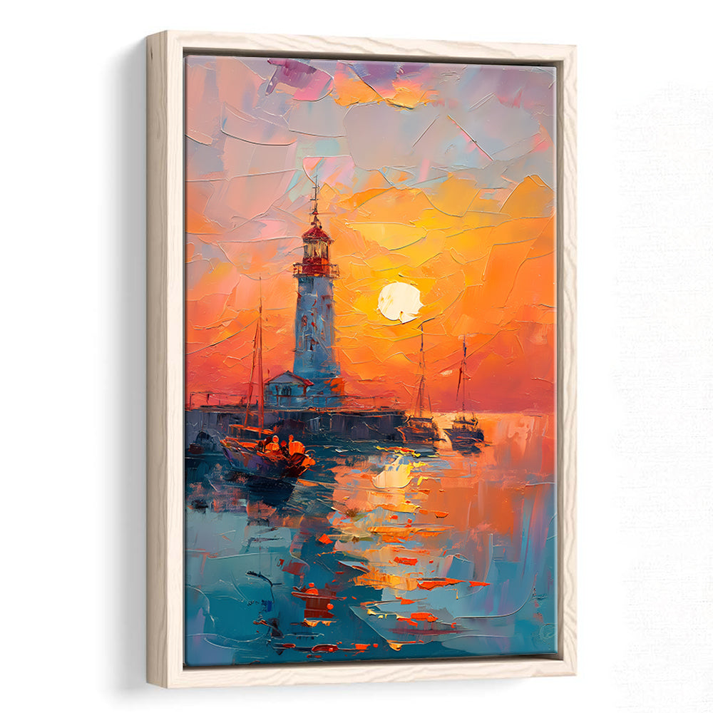 Lighthouse In The Sunset Painting, Floating Framed Canvas Art Print,, Framed Canvas Prints Wall Art