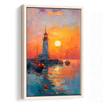 Lighthouse In The Sunset Painting, Floating Framed Canvas Art Print,, Framed Canvas Prints Wall Art