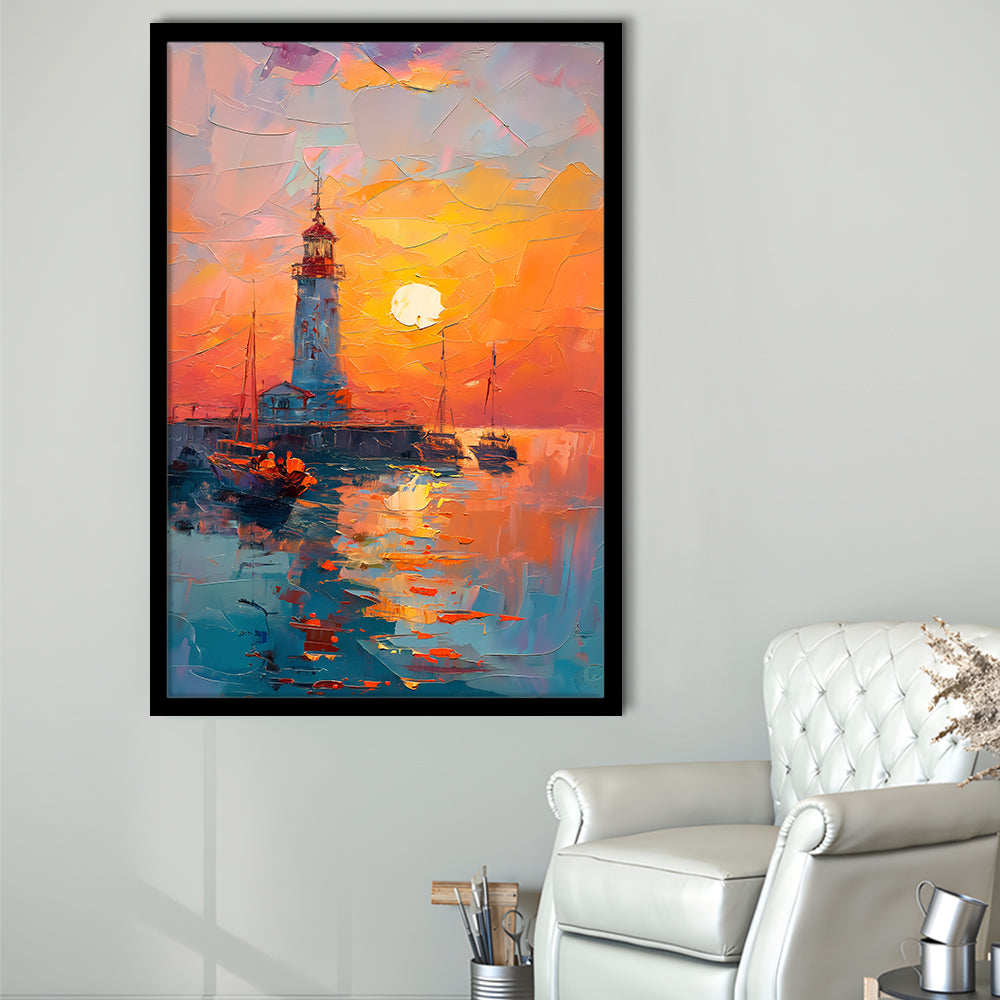 Lighthouse In The Sunset Painting, Framed Picture Print,, Framed Art Prints Wall Decor